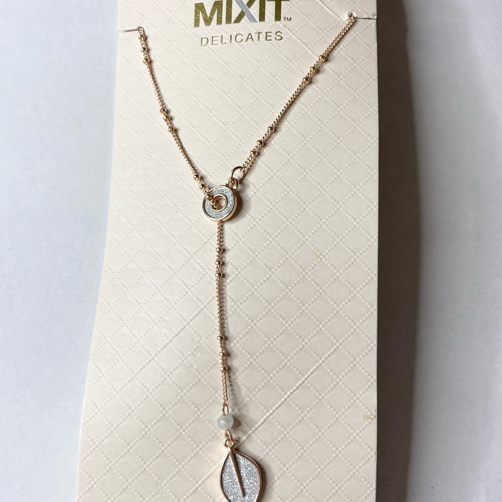 Cute Mixit Rose Gold Leaf Lariat Necklace with Pink Accent